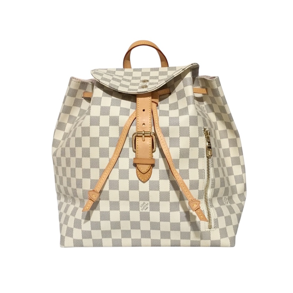 Designer-Inspired Cream Check Drawstring Backpack with Tan Leather Trim